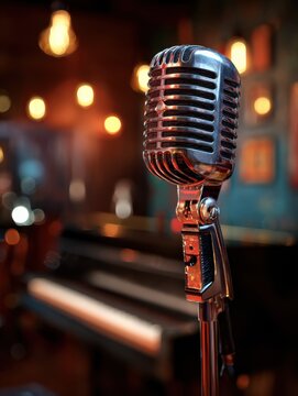 a retro microphone on a stand in a dimly lit jazz club with soft warm lighting highlighting the mic and a blurred piano in the background