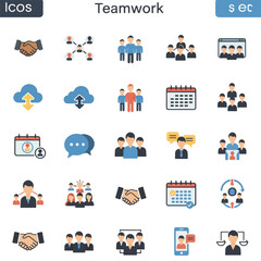 A collection of colorful icons depicting various aspects of teamwork, collaboration, and communication.