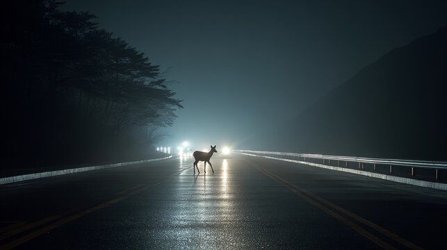 A deer stands alone on an illuminated highway at night, surrounded by misty mountain darkness and road reflections.