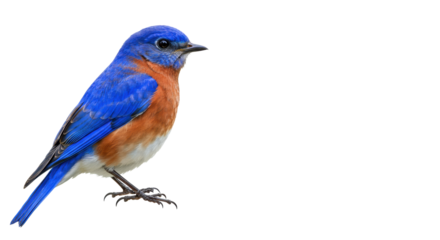 An Eastern bluebird, vibrant electric blue and reddish-brown, hyper-realistic digital watercolor illustration, crisp profile view on transparent studio background. Symbol of sustainability and