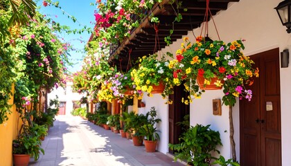 Fototapeta premium Sunlit alleyway with vibrant hanging flower baskets and potted plants lining the walls of colorful buildings