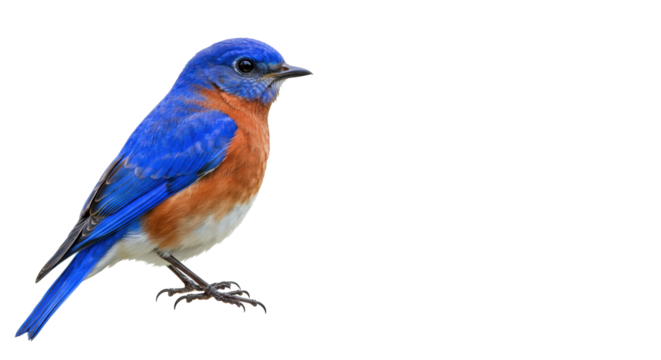 An Eastern bluebird, vibrant electric blue and reddish-brown, hyper-realistic digital watercolor illustration, crisp profile view on transparent studio background. Symbol of sustainability and