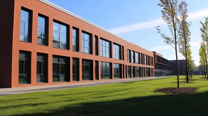 Fototapeta premium Modern brick building with grassy expanse