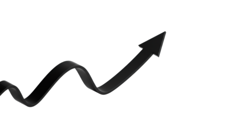 A sleek, refined black arrow, subtly three-dimensional, arcing dynamically upwards and right on a transparent surface with soft studio lighting, concept for business progress and future direction