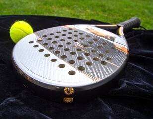 Silver Padel Racket and Ball on Dark Fabric with Grass Background