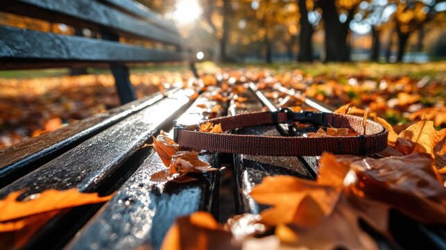 Dog collar on park bench surrounded by autumn leaves in sunlit park. National Walk Your Dog Week
