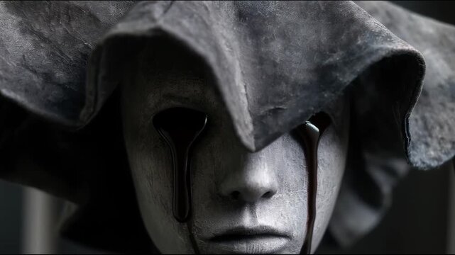 Statue or person in a gray mask with large fabric folds on the head looks grim as black liquid streams flow from hollow eyes like tears
