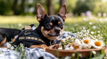 Chihuahua relaxing outdoors on a picnic blanket with flowers in a sunny park. National Walk Your Dog Week