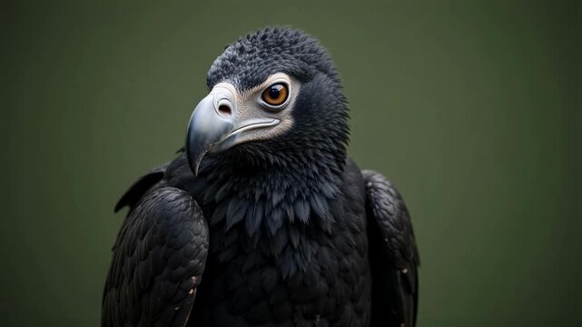 Stunning close-up video of a Black Vulture reveals its striking featherless head, pale eye, and powerful hooked beak against a soft green backdrop.
