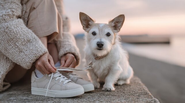 Elderly caucasian woman with small dog sitting on concrete pier at sunset