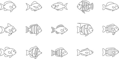 Obraz premium Vector art of a collection of handdrawn line art illustrations of various fish species, showcasing different shapes, sizes, and patterns