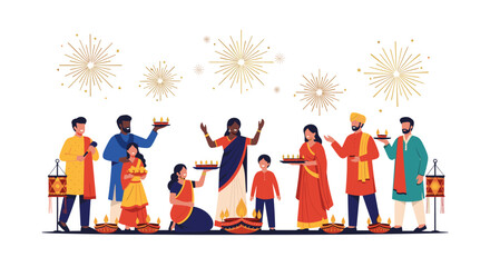 Joyful indian families celebrate diwali festival with diyas and fireworks creating a vibrant celebratory atmosphere