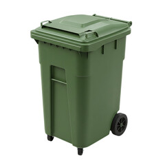 3d illustration of a green plastic trash container with a lid and wheels is isolated on a transparent background in a studio shot
