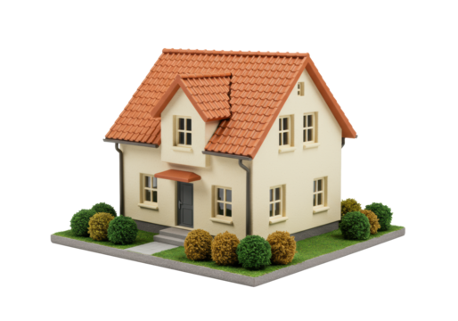A meticulously detailed, realistic miniature house model with a red-orange tiled roof, cream walls, and green bushes, isolated on a transparent studio background, concept of home ownership and