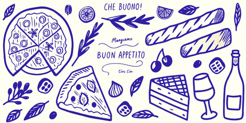 Italian-style vacation hand-drawn vector illustrations in a grunge chalk or charcoal rough doodle sketch style. Summer vacation elements in ink simple style.