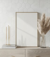 Blank Gold Frame Mockup on Wooden Surface with Dried Plants and Candles