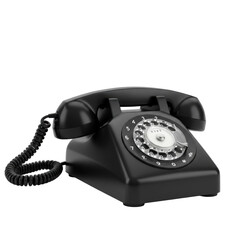 A classic black glossy vintage rotary telephone with handset on cradle, circular dial, and coiled cord, isolated on transparent background. Concept of communication heritage