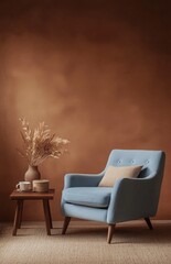 Blue Armchair In A Cozy Room With Dried Flowers And Wooden Table