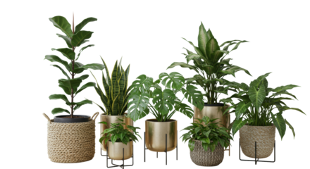 Diverse green potted indoor plants in minimalist ceramic and woven pots, arranged in a bright, modern office common area with soft natural light, biophilic design concept