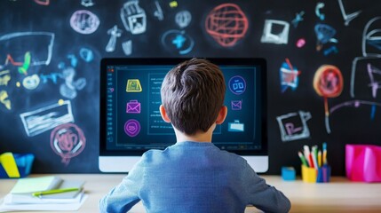 Boy Using A Computer At A Desk With A Colorful Chalkboard Background