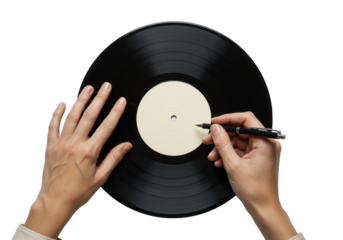 Refined mid-adult hand holding black rollerball pen over blank label of black vinyl record on a transparent studio background with soft high-key lighting, genesis of a new idea concept