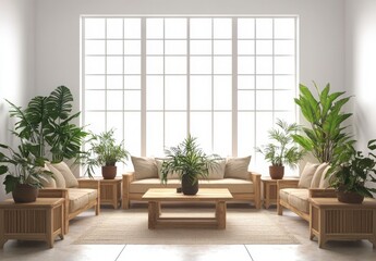 Bright Minimalist Living Room Design with Wooden Furniture and Potted Plants and Natural Light