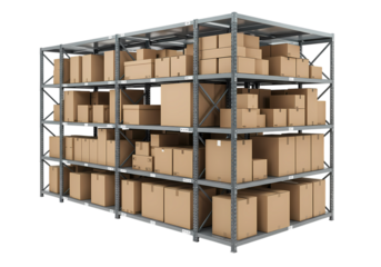 Warehouse Inventory Cardboard Boxes on Metal Shelving Units isolated on transparent background