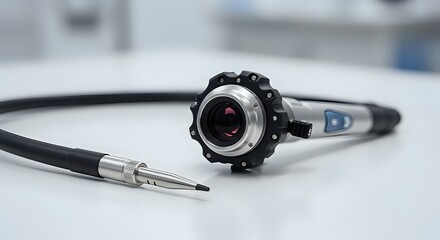 close-up, detailed shot of an advanced medical endoscope and its camera probe, resting on a clean, white surface.