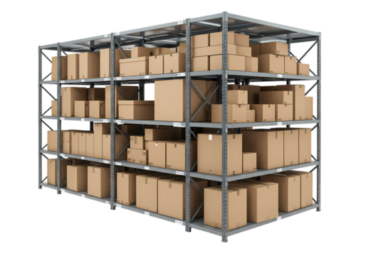 Warehouse Inventory Cardboard Boxes on Metal Shelving Units isolated on transparent background