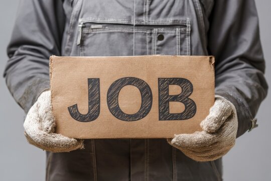 worker holding sign with word job