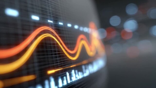Financial Data Display: The scene captures a dynamic financial data display, highlighting fluctuating market trends and numerical data.