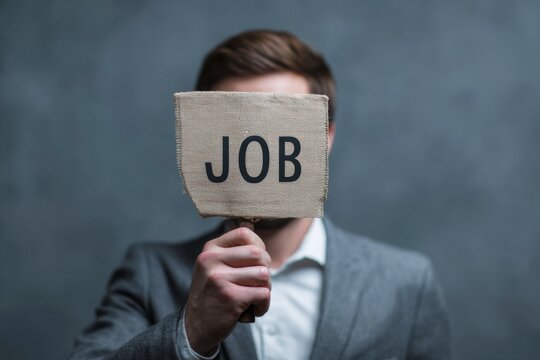 businessman holding a sign with word job