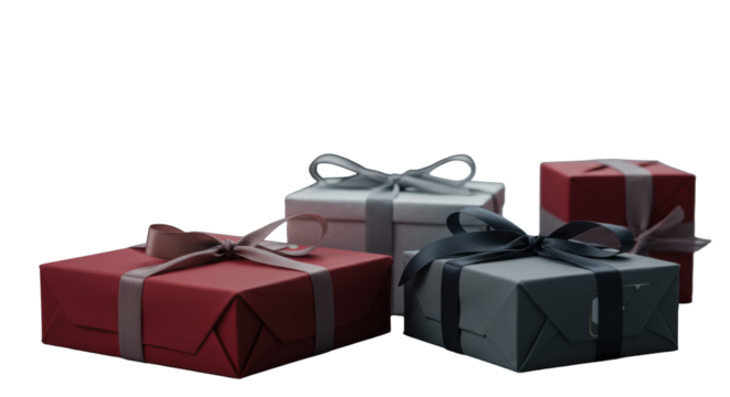 Two elegant corporate gift boxes, deep red and silver, with muted satin ribbons, on a polished modern desk in a blurred office with bokeh. Acknowledging success and appreciation during the holiday