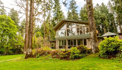 Modern house nestled in a forest