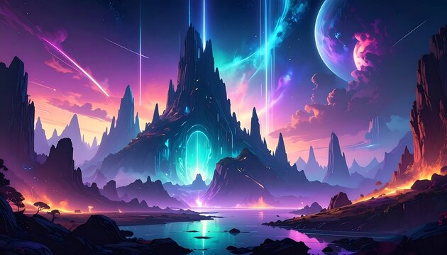 Cosmic mountain fortress by a lake - Powered by Adobe