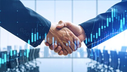 Business Handshake with Overlaid Financial Chart in Modern Office