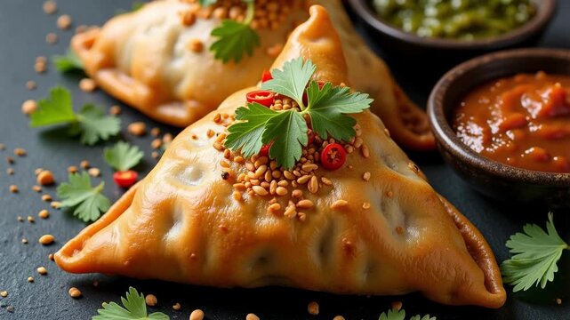 Delicious samosas with vibrant chutney, tempting your taste buds with exotic flavors and textures in every bite, a culinary adventure for everyone