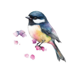 Fototapeta premium Colorful tit bird with pink petals illustration isolated on transparent background