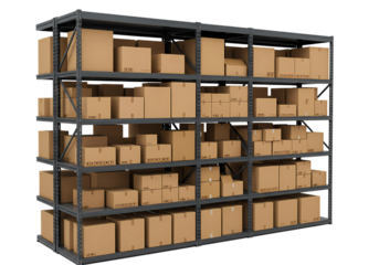 Warehouse Storage Racking System with Cardboard Boxes isolated on transparent background