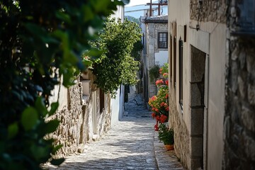 Narrow stone alleyway between aged buildings. Lush greenery and vibrant flowers line the path