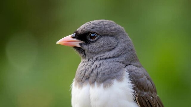 Stunning close-up of a Dark-eyed Junco bird with soft feathers and pink beak, isolated on a vibrant green background, perfect for nature documentaries and wildlife features.