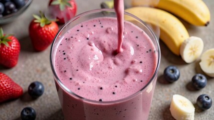 Pouring a refreshing berry smoothie into a glass with fresh strawberries, blueberries, and bananas, a healthy and vibrant snack for a nutritious lifestyle - Powered by Adobe