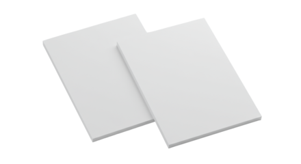 Two brand-new, uncreased, matte white paper sheets subtly layered and angled on a transparent background with soft shadows and negative space, concept of a fresh start and unlimited possibilities