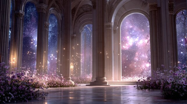 An ethereal hall with starry arched windows, floating flowers, and marble floor, creating a magical cosmic atmosphere.