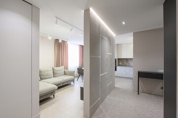 modern apartment interior with a living area featuring a gray sofa and a kitchen visible through a divider. Neutral tones and recessed lighting create a sleek, contemporary space