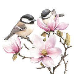 Two cute chickadees perched on a blooming magnolia branch, isolated on transparent background