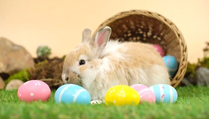Fluffy bunny with Easter eggs