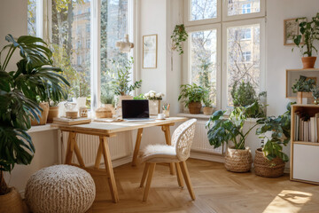 Bright Cozy Home Office with Natural Light, Indoor Plants, and Modern Boho-Scandinavian Desk Setup