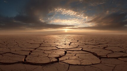 Arid land with cracked dry earth under a cloudy sky, showing drought and climate vulnerability.