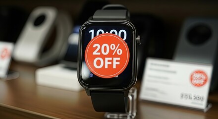 Smartwatch displays 20% OFF sale sticker, creating urgency for tech shoppers seeking deals.